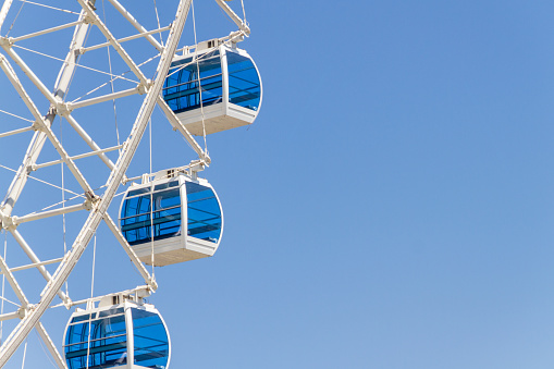 white giant wheel with blue glass, known as Rio Star, located in Rio de Janeiro Brazil.