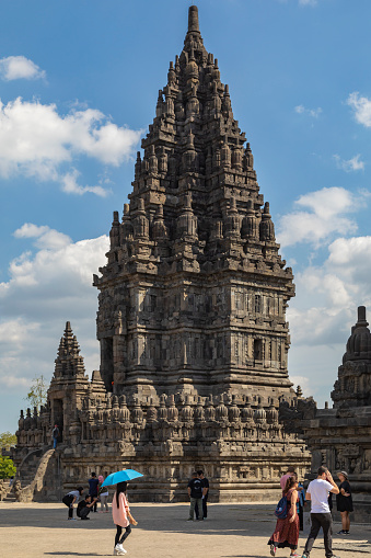 Prambanan, Indonesia - July 17, 2019: Ancient Hindu temples of Prambanan, Rara Jonggrang, in the special, Yogyakarta region, Java island, Indonesia, Southeast Asia.