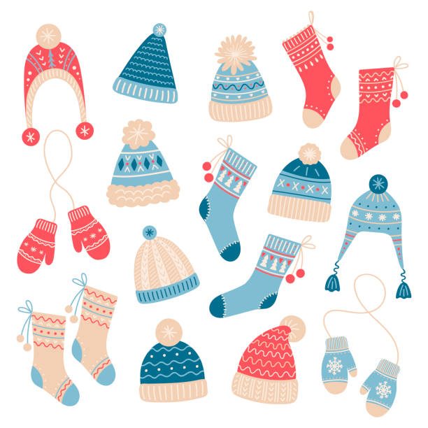 ilustraciones, imágenes clip art, dibujos animados e iconos de stock de conjunto de accesorios de lana lindo invierno para paseos cálidos. - mitón