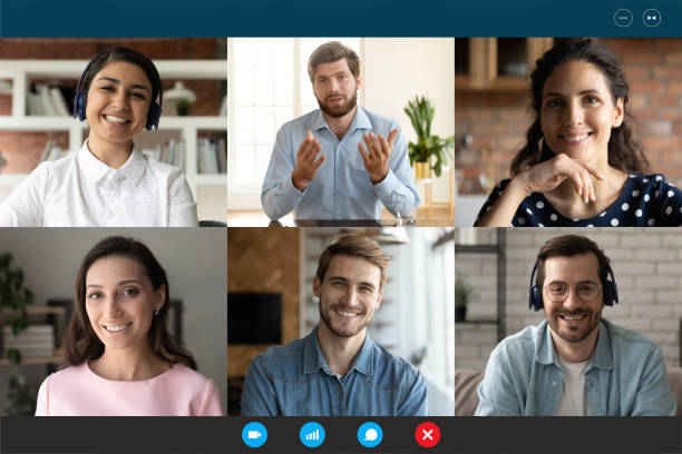 istock Screen view of multiethnic colleagues have webcam online briefing 1286423332