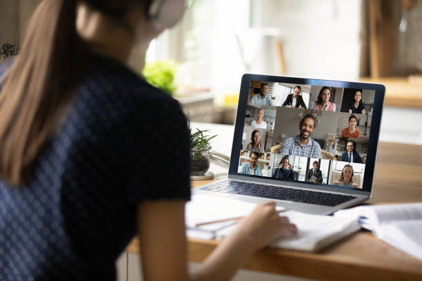 istock Rear view of female student have group webcam lecture 1286423333