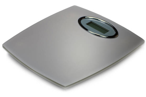 Grey Digital Strengthened Mat Security Glass Bathroom Scale Dieting Concept Metaphor, Isolated Perspective Macro Closeup stock photo