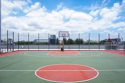 Wide View Of An Empty Basketball Court On A Sunny Day With Dramatic Sky. Stock Photo.
