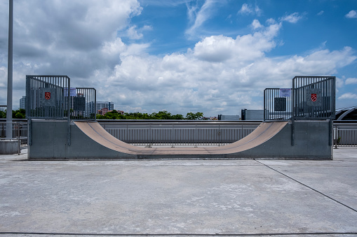 Quarter Pipe At Empty Street Style Skatepark, On A Sunny Day. Stock Photo.