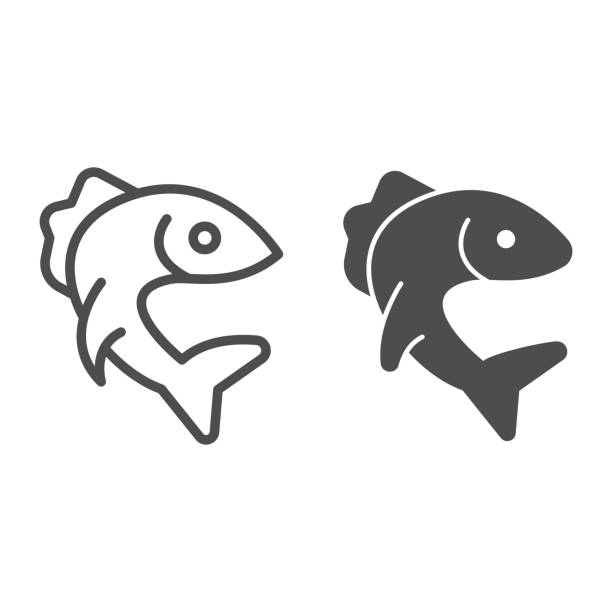 ilustraciones, imágenes clip art, dibujos animados e iconos de stock de línea de lucio de pescado e icono sólido, concepto de mercado de pescado, emblema de pesca pike sobre fondo blanco, icono de pescado en estilo de esquema para el concepto móvil y el diseño web. gráficos vectoriales. - pez