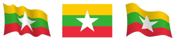 Vector illustration of flag of republic of myanmar in static position and in motion, fluttering in wind in exact colors and sizes, on white background