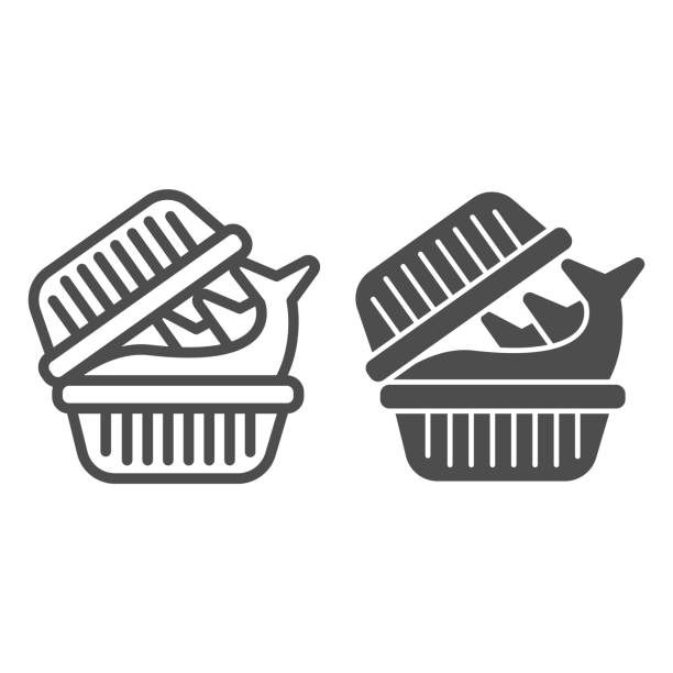Fish in plastic box line and solid icon, Fish market concept, Trout Pack sign on white background, Plastic tray container with fish icon in outline style for mobile and web design. Vector graphics. Fish in plastic box line and solid icon, Fish market concept, Trout Pack sign on white background, Plastic tray container with fish icon in outline style for mobile and web design. Vector graphics black meat tray stock illustrations