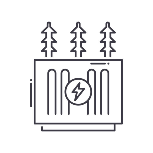 ilustraciones, imágenes clip art, dibujos animados e iconos de stock de icono de transformador, ilustración aislada lineal, vector de línea delgada, signo de diseño web, símbolo de concepto de contorno con trazo editable sobre fondo blanco. - transformador eléctrico