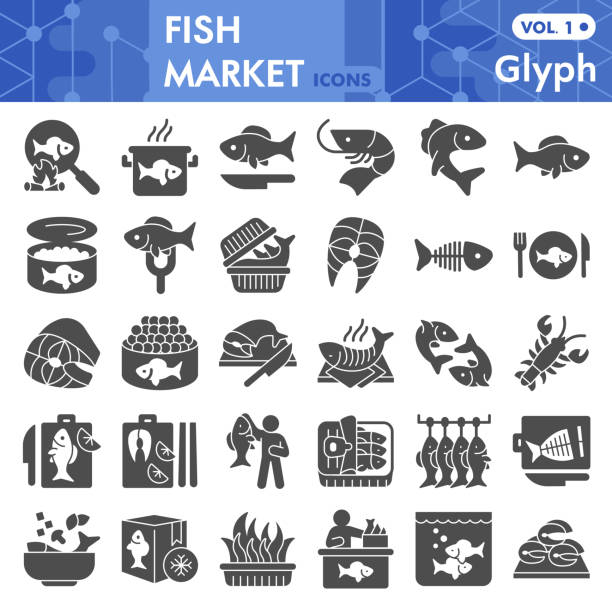 Fish market solid icon set, sea food symbols collection or sketches. Fishing industry glyph style signs for web and app. Vector graphics isolated on white background. Fish market solid icon set, sea food symbols collection or sketches. Fishing industry glyph style signs for web and app. Vector graphics isolated on white background commercial tuna fishing stock illustrations
