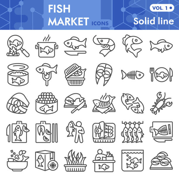 illustrazioni stock, clip art, cartoni animati e icone di tendenza di set di icone della linea del mercato del pesce, collezione di simboli di cibo marino o schizzi. segni di stile lineare dell'industria della pesca per web e app. grafica vettoriale isolata su sfondo bianco. - seafood