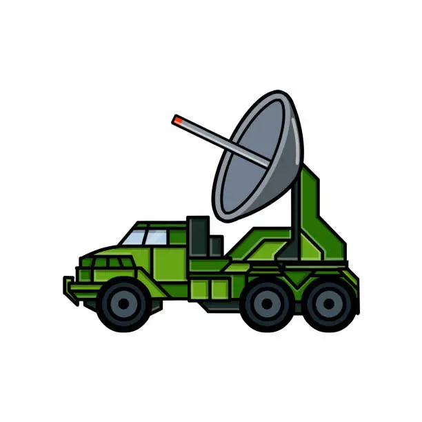 Vector illustration of Military truck. Army transport with antenna. Modern appliances in protective green color. Radar and detection system. Scanning and recognition. Cartoon illustration