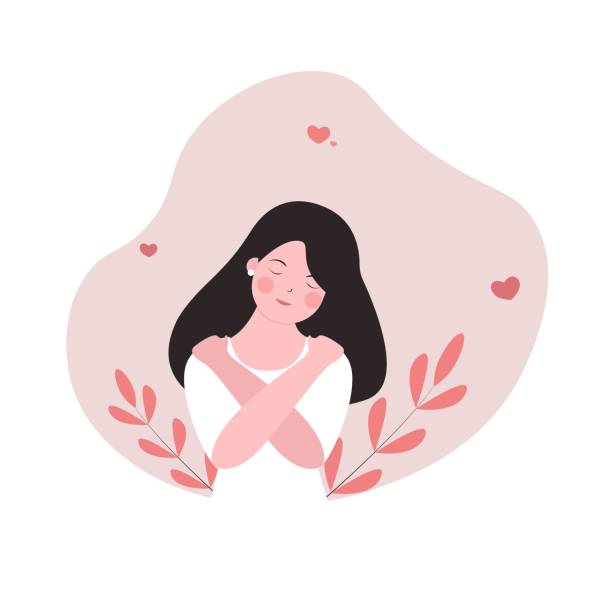 Self-love Girl hug herself. Self-love concept. Woman healthcare. Mental health. self love stock illustrations