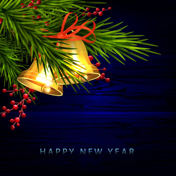 istock Christmas composition in blue shade, shiny golden bells, fir branches 1286443943