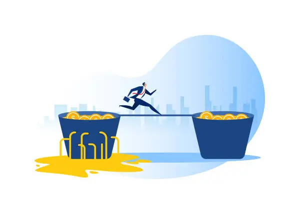 Vector illustration of Businessman run from leaking bucket invest concept. Vector illustration.