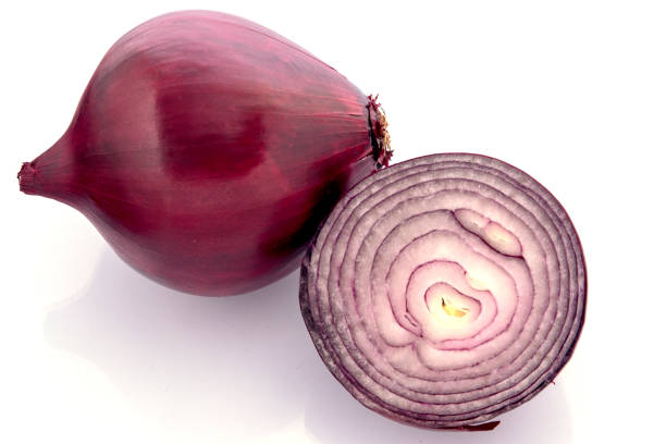 Red onion whole and half onion on white background, copy space, close-up,