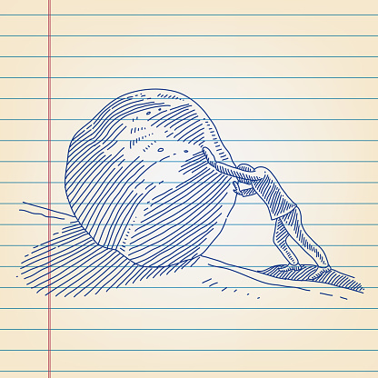 Line drawing of Businessman pushing up a huge rock on ruled paper. Elements are grouped. contains eps10 and high resolution jpeg.