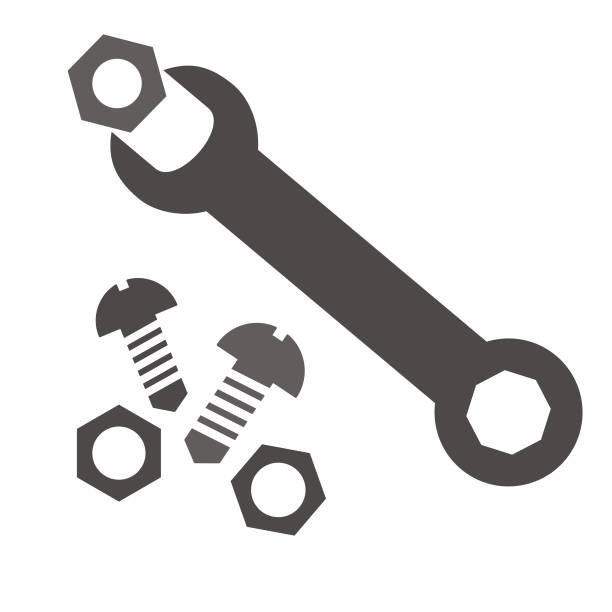 Hardware, set icon, eps. Set of tool, nut, wrench and screw, vector icon. Gray color on white background. nut fastener stock illustrations