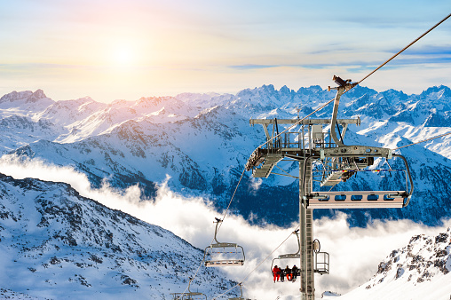 Ski resort in winter Alps. Val Thorens, 3 Valleys, France.