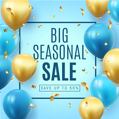 Big Seasonal Final sale text, special offer blue banner celebrate background with gold foil and blue air balloons. Realistic vector stock design for shop and sale banners, grand opening, party flyer