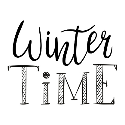 Handwritten inscription, words-Winter time. The letters are hand-drawn. Hand lettering. Typographic, text-based black-and-white illustration. Isolated on a white background