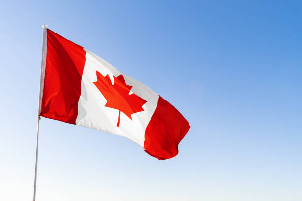 istock Flag of Canada waving against blue sky 1286455249