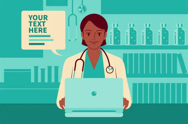 Vector illustration of Beautiful young female doctor using a laptop and giving you advice, telemedicine concept