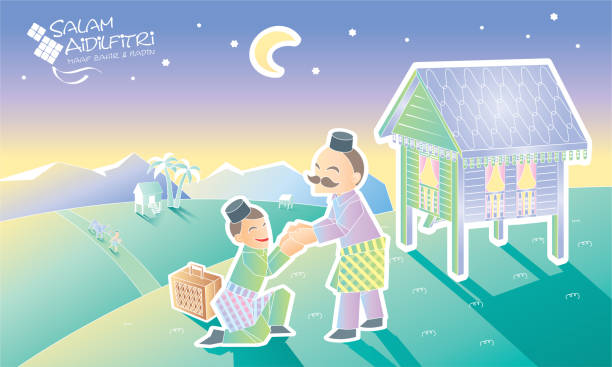 A Muslim youngster is going home to visit his father, with Malay village scene. Caption: Happy Day. Vector. hari raya family stock illustrations
