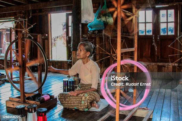 Woman Of Padaung Karen Tribe Weaving Textile Myanmar Stock Photo - Download Image Now