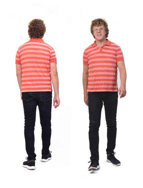 istock group of same  man with curly hair walking on white background, back and front view 1286459146