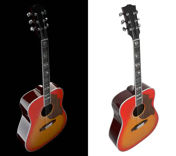 Top view of red acoustic guitar with black and white variations 3d rendering