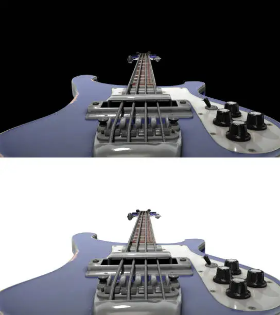 Bass guitar viewing angle from bridge saddle black and white background 3d rendering