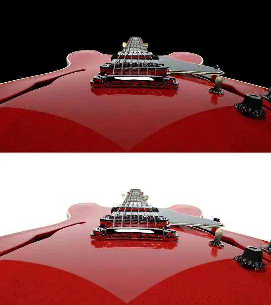 Red electro guitar viewing angle from bridge saddle black and white background 3d rendering