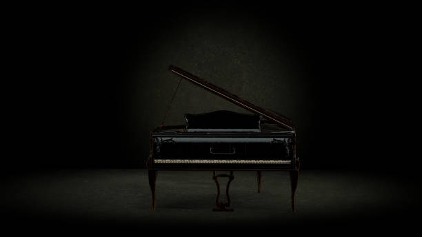 istock Grand piano sittiing on textured floor and black background front view 3d rendering 1286459683