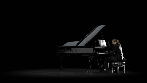pianist spielt klavier-distanv-ansicht mit schwarzem backgorund und bühnenboden 3d rendering - pianist stock-fotos und bilder
