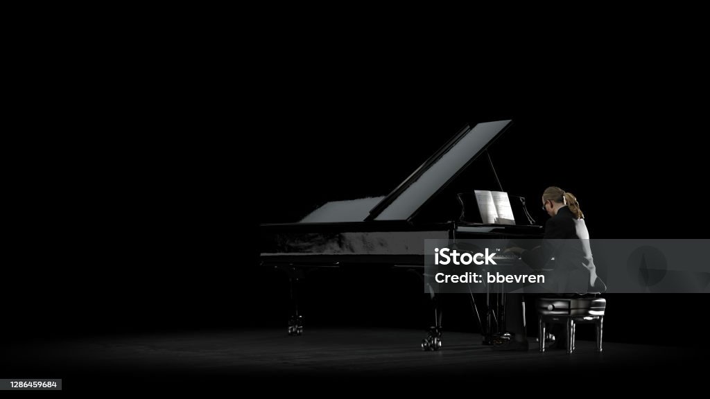 Pianist playing piano distanv view with black backgorund and stage floor 3d rendering Pianist Stock Photo