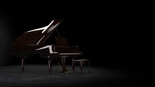 istock Brown wood colored grand piano under spotlight waiting for pianist  side view 3d rendering 1286459685