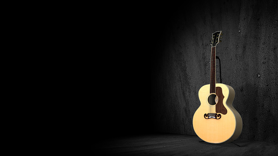 Light wood colored acoustic guitar under spotlight with dark background and floor  side view 3d rendering