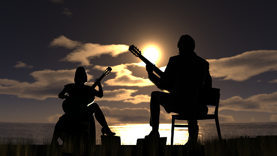 Classical guitar players performing together under sunset and sea themed background 3d rendering