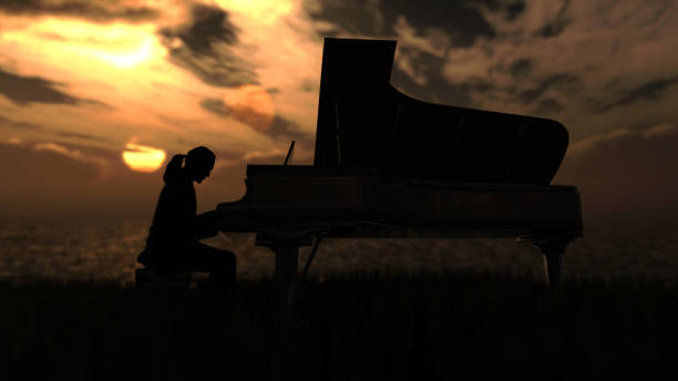 istock Alone pianist performing outdoor with sunset and sea view 3d rendering 1286459704