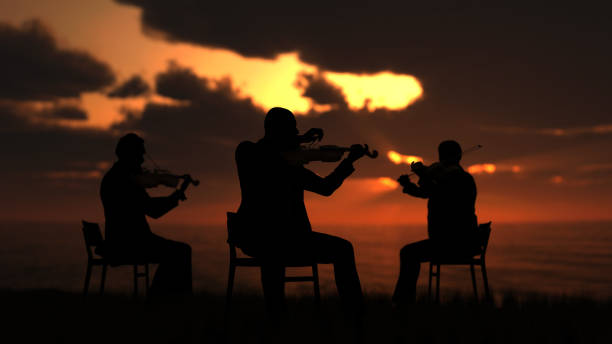 새벽에 의자에 앉아 3명의 바이올린 연주자가 자연 3d 렌더링에서 트리오 그룹으로 공연합니다. - celtic culture audio 뉴스 사진 이미지