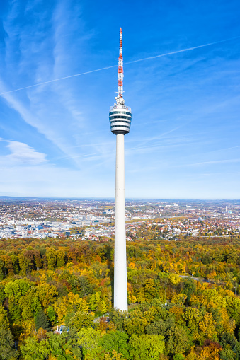 Stuttgart tv tower skyline aerial photo view town architecture travel portrait format in Germany