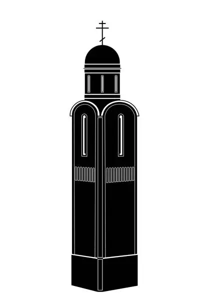 Vector illustration of black silhouette of a traditional russian orthodox church with a single dome and cross, ancient architecture, tourist landmark