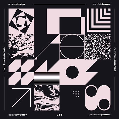 Neomodern aesthetics of brutalism design vector poster cover layout made with abstract elements and geometric shapes, useful for poster art, website design, album cover prints, fine arts images.