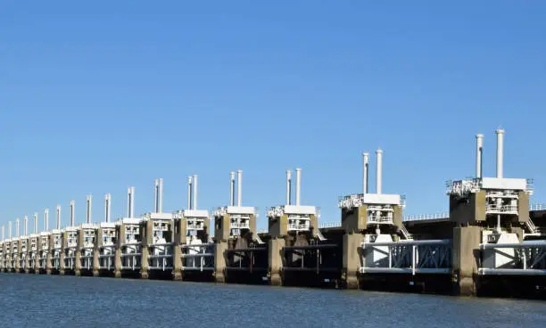 Eastern Scheldt barrier in Zeeland as part of the Delta Works, created to protect the Netherlands against flooding during spring tides