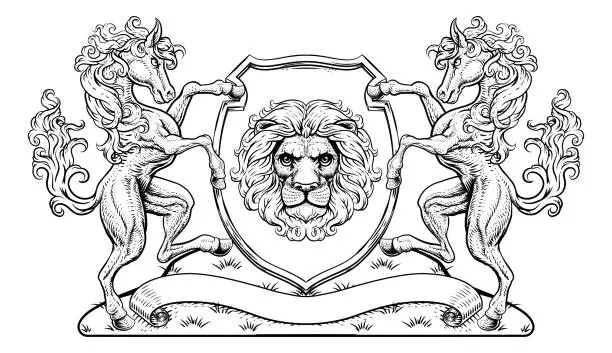 Vector illustration of Crest Coat of Arms Horse Lion Family Shield Seal