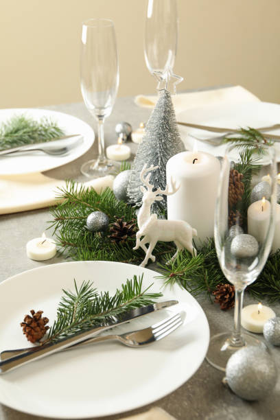 istock Concept of romantic New year table setting on gray table 1286466434