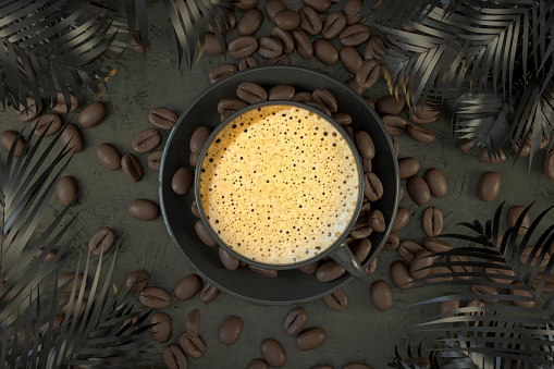 3d rendering of coffee beans with mug on black background.