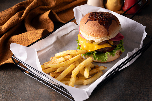 Hamburger menu looks delicious. Potato chips are hot.