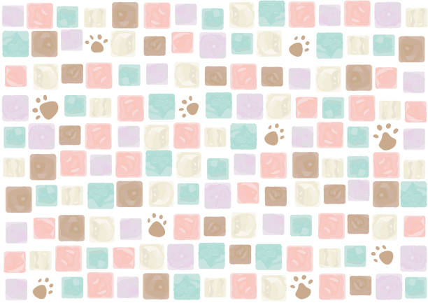 water color square pattern and paw print background  mosaic tile water color square pattern and paw print background  mosaic tile animal toe stock illustrations