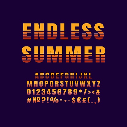 Endless summer vintage 3d vector alphabet set. Retro bold font, typeface. Pop art stylized lettering. Old school style letters, numbers, symbols pack. 90s, 80s creative typeset design template